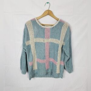Womens Medium Cozy Blue and Pink Plaid Knit Sweater
